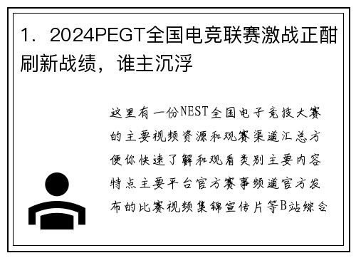 1.  2024PEGT全国电竞联赛激战正酣刷新战绩，谁主沉浮 