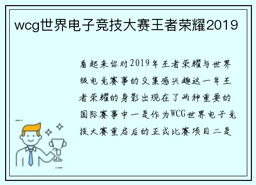 wcg世界电子竞技大赛王者荣耀2019