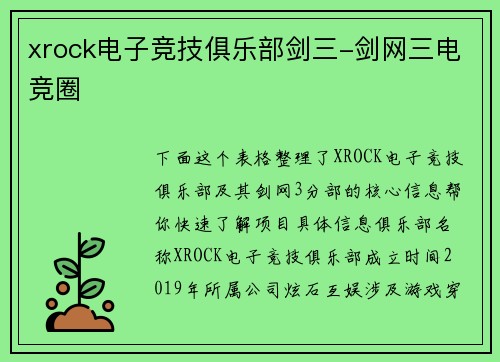 xrock电子竞技俱乐部剑三-剑网三电竞圈