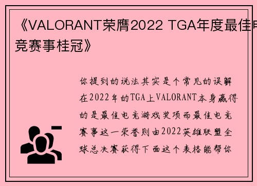 《VALORANT荣膺2022 TGA年度最佳电竞赛事桂冠》